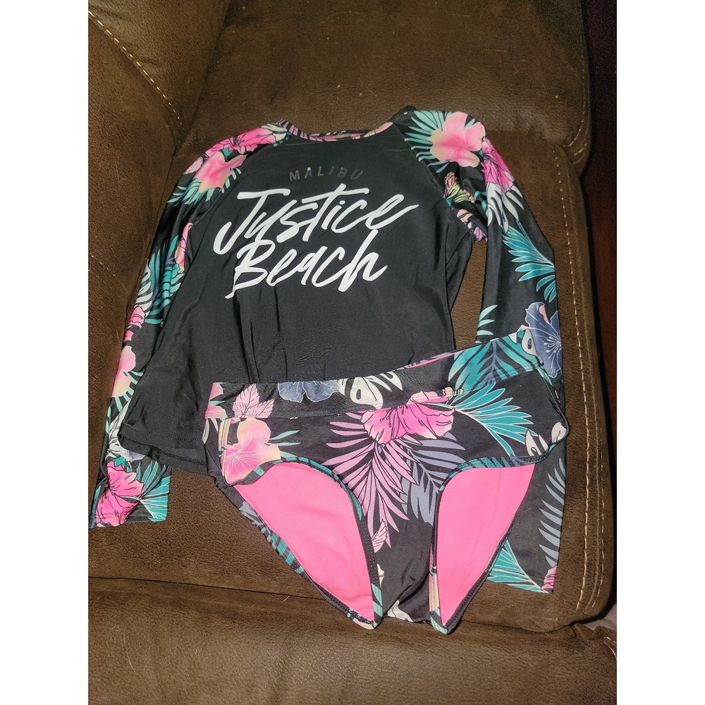 Justice Malibu beach rash guard long sleeve and bathing suit bottoms‎ size 12 14